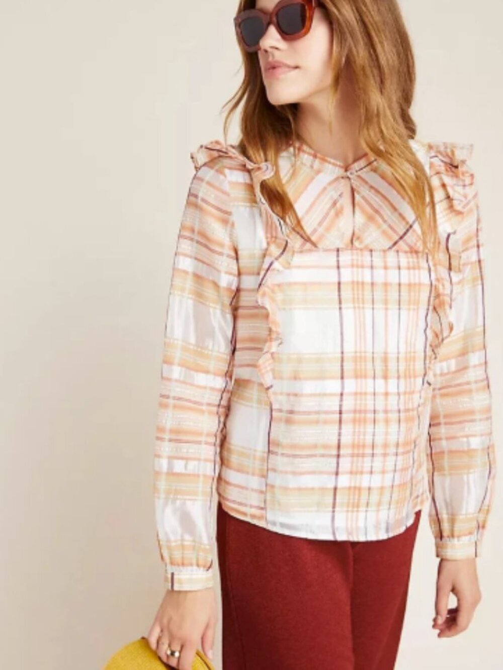 Anthropologie Current Air Polly blouse sheer ruffled plaid size medium boho
